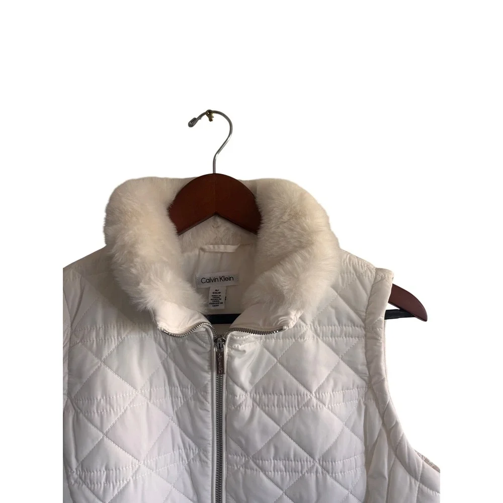 Calvin Klein Womens White Quilted Puffer Vest Faux Fur Collar Small M2XTA418